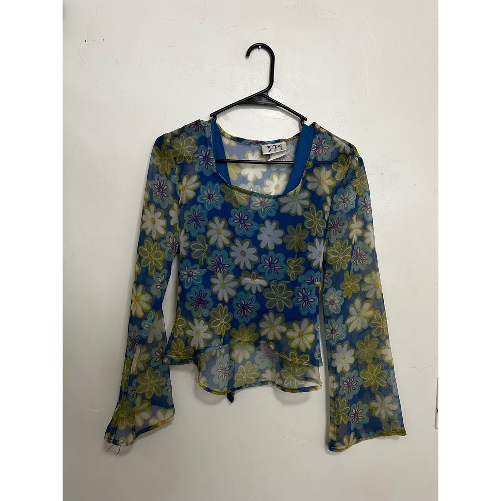Vintage 5.7.9 Blue Floral Mesh 2-Piece Top Set Bell Sleeve Y2K 90s Small